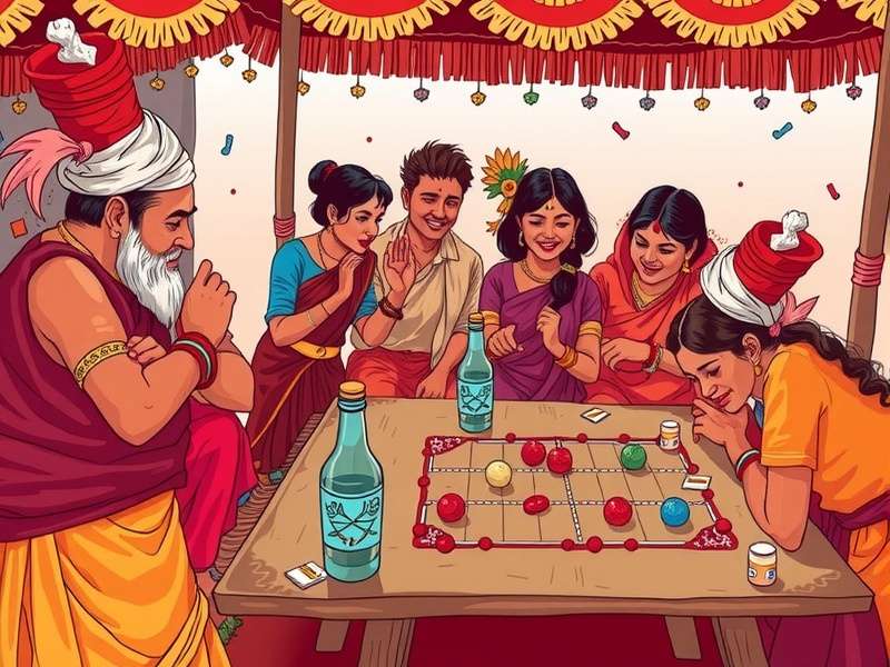 Traditional Maithili Mirth Moment gameplay illustration showing players engaged in the game