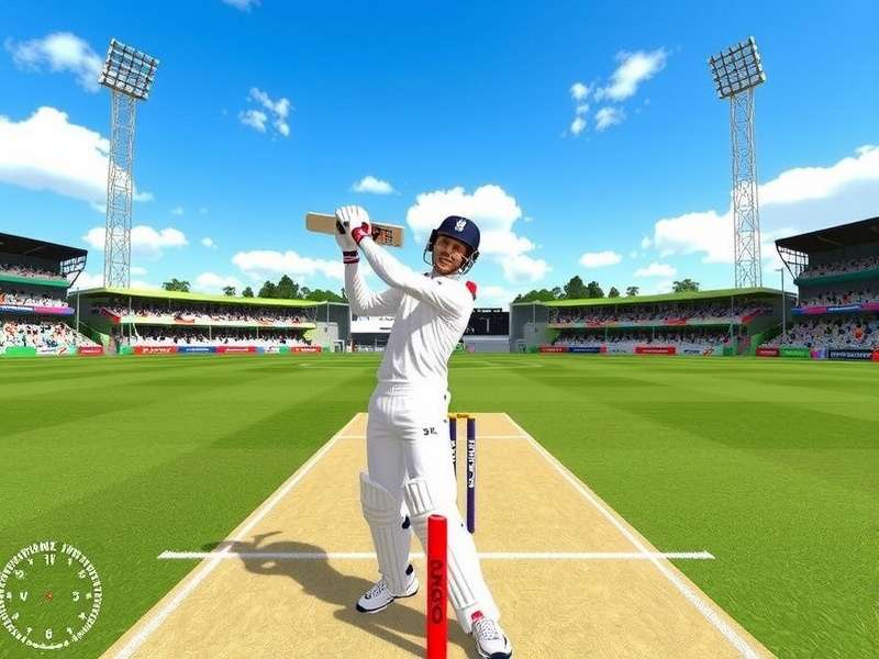 Real Cricket 25 PC gameplay screenshot showing a batsman hitting a shot