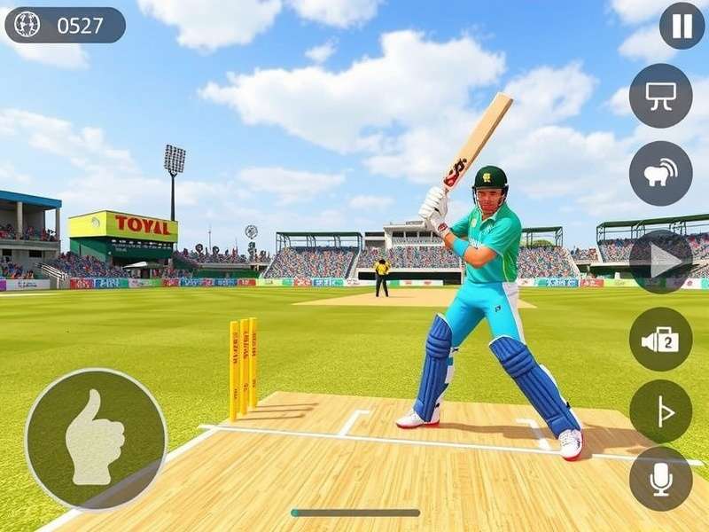 Real Cricket 24 gameplay screenshot showing batting interface