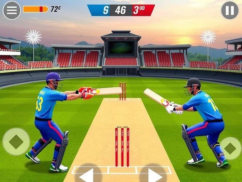 Real Cricket mobile game screenshot showing swipe batting interface