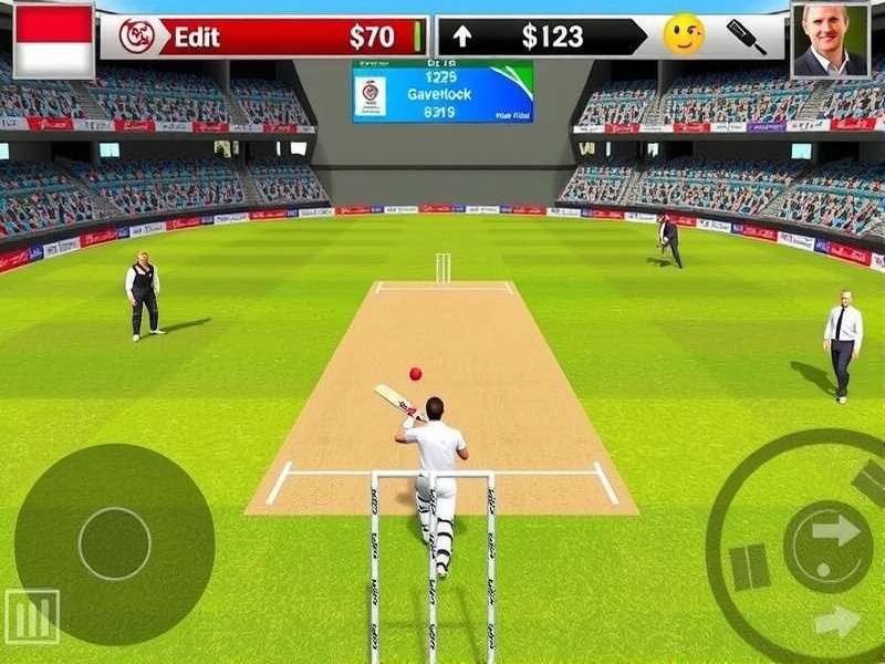 Gameplay screenshot of Real Cricket Game 25 showing a batsman hitting a shot
