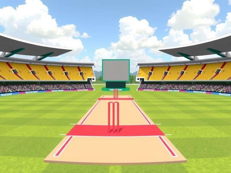 A vibrant digital cricket stadium with players in action