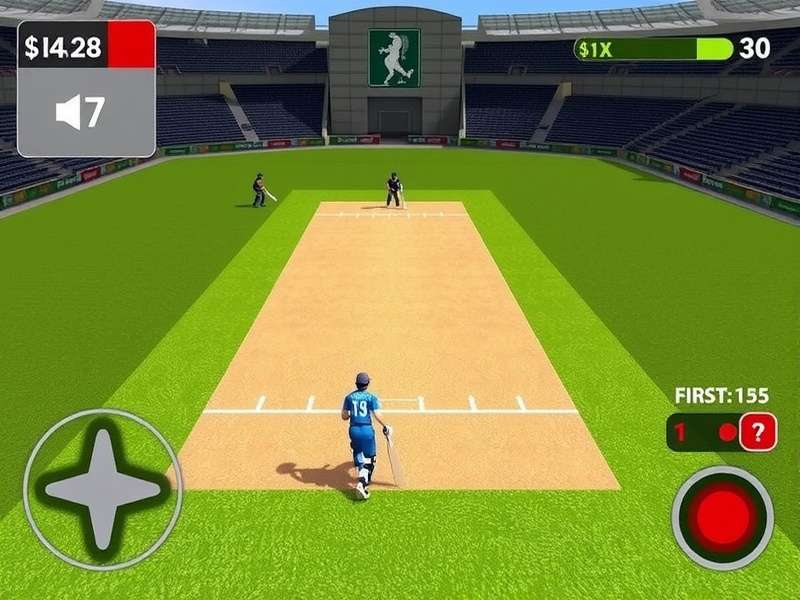 Realistic cricket game screenshot showing a batsman hitting a shot