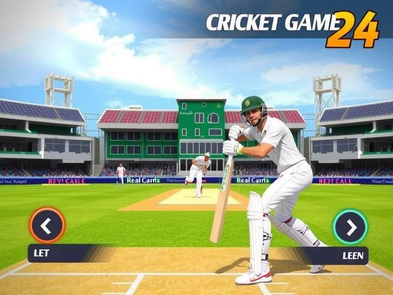 Real Cricket Game 24 gameplay simulation showing a batsman playing a cover drive in a packed stadium