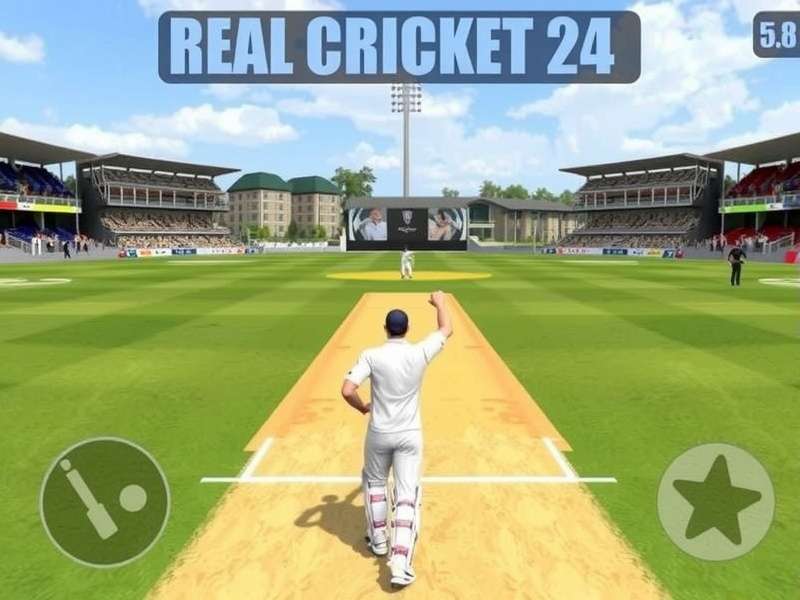 Real Cricket 24 PC gameplay screenshot showing batting action and stadium atmosphere
