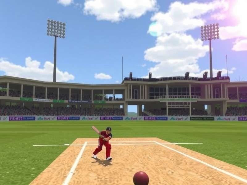 Real Cricket 25 gameplay simulation featuring batsman hitting a six in a packed Indian stadium