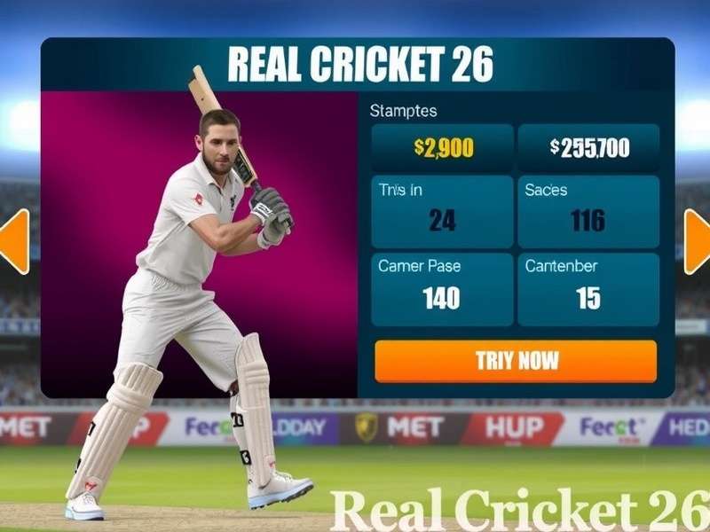 Real Cricket 26 gameplay action shot showing a batsman hitting a six in a packed Indian stadium