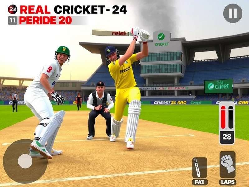 Real Cricket 24 Pc Version gameplay screenshot showing a batsman playing a cover drive in a packed stadium