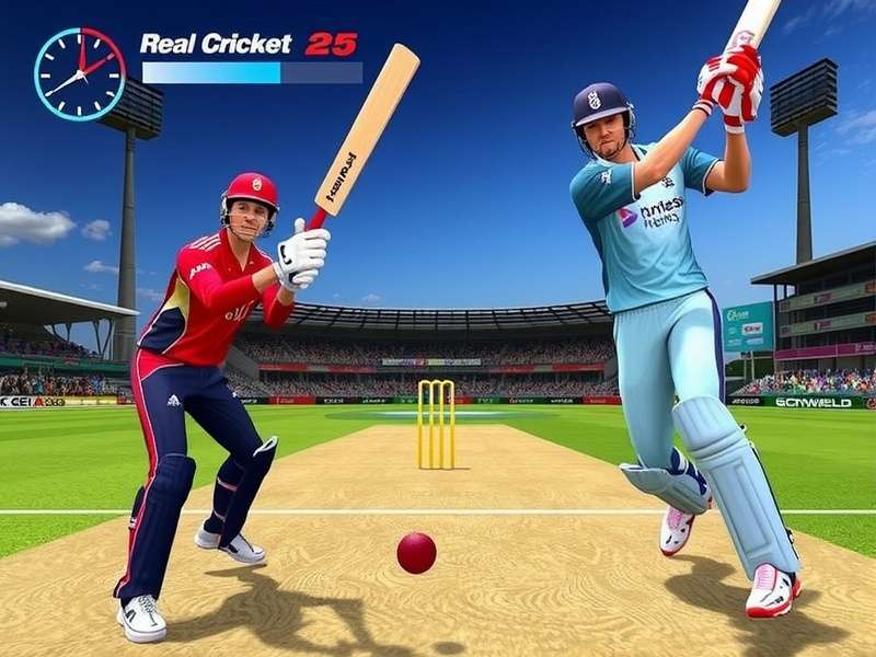 Real Cricket 25 V7 Download – Gameplay screenshot showing batting action at Wankhede Stadium