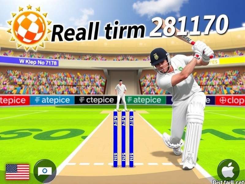 Real Crickettm 20 gameplay action shot featuring a batsman hitting a six in an Indian stadium