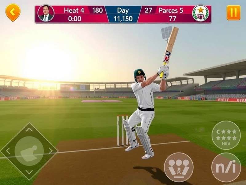 Real Cricket 24 gameplay on laptop with stadium atmosphere